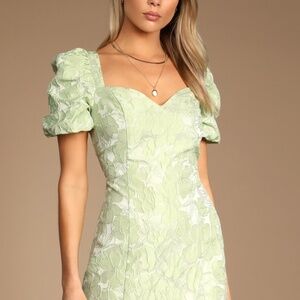 Lulus Beyond Amazing Light Green Floral Jacquard Puff Sleeve Dress - Size M